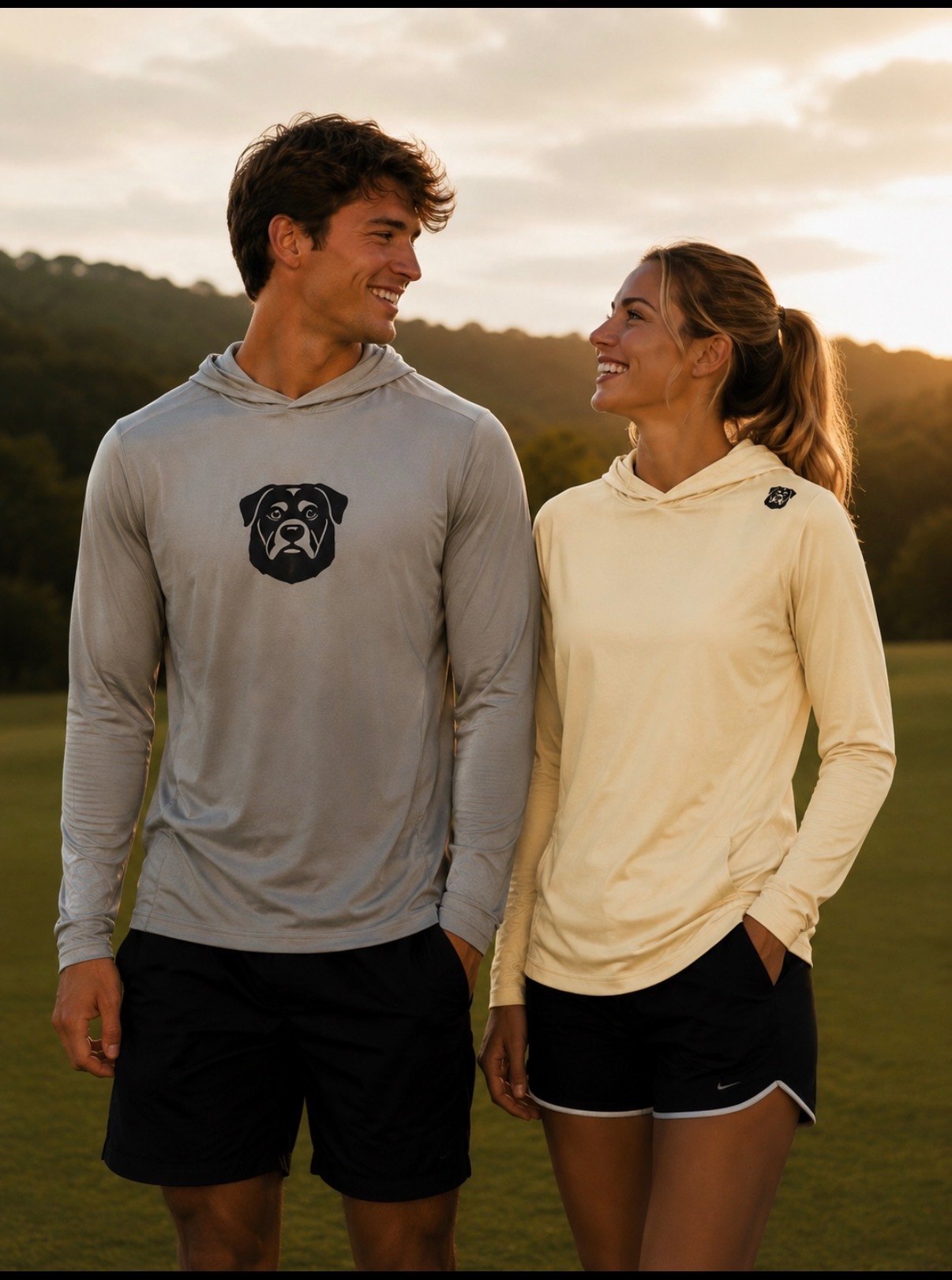 A man in the Silver Oak hoodie and a woman in the Peanut Cream hoodie on the course at golden hour — DEVEN