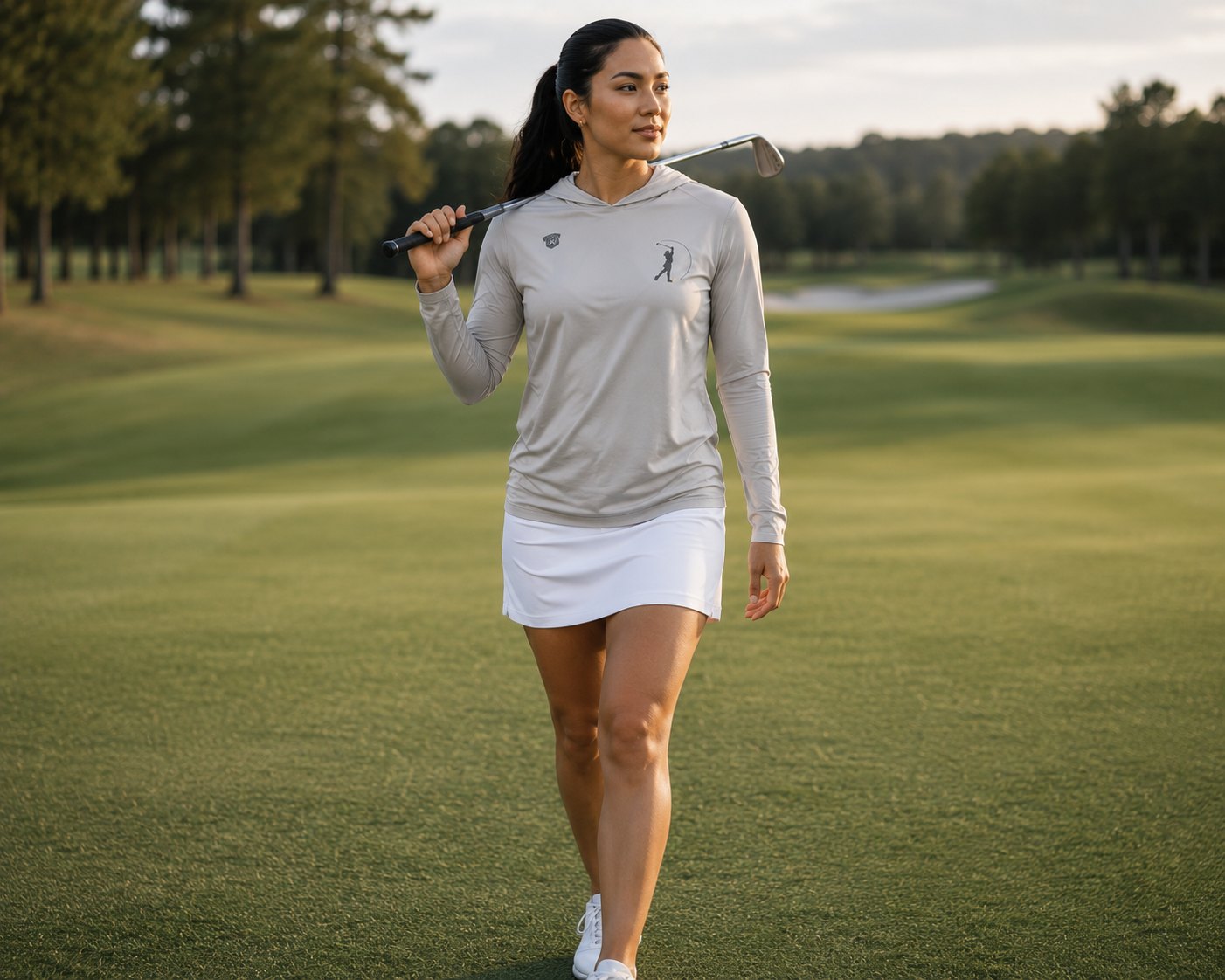A golfer at golden hour in the DEVEN Silver Oak Madison Collection hoodie