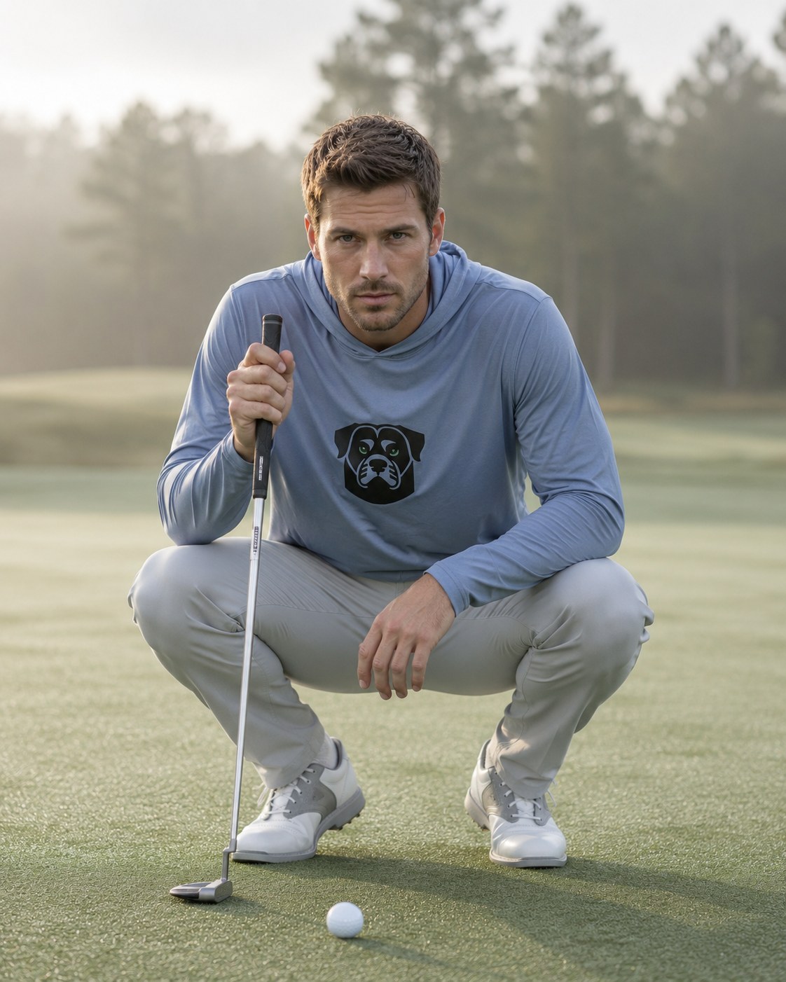 A golfer reading the green in the DEVEN Diesel Sky hoodie